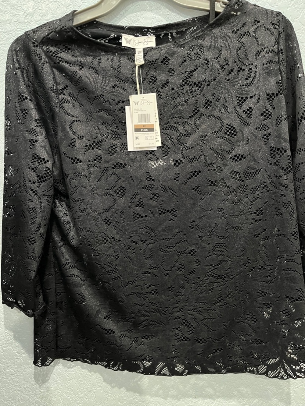 Jessica Simpson Black Lace Floral Crewneck Top With Glitter Shine